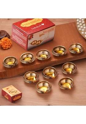 TIED Ribbons 100 Percent Pure Brass Diya for Puja Room Oil Lamp Set of 10