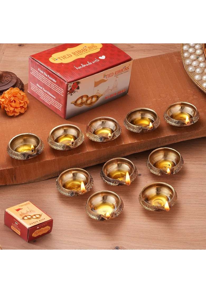 TIED Ribbons 100 Percent Pure Brass Diya for Puja Room Oil Lamp Set of 10 - Indya