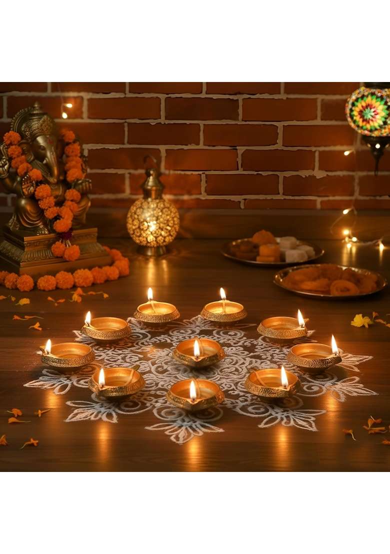 TIED Ribbons 100 Percent Pure Brass Diya for Puja Room Oil Lamp Set of 10 - Indya