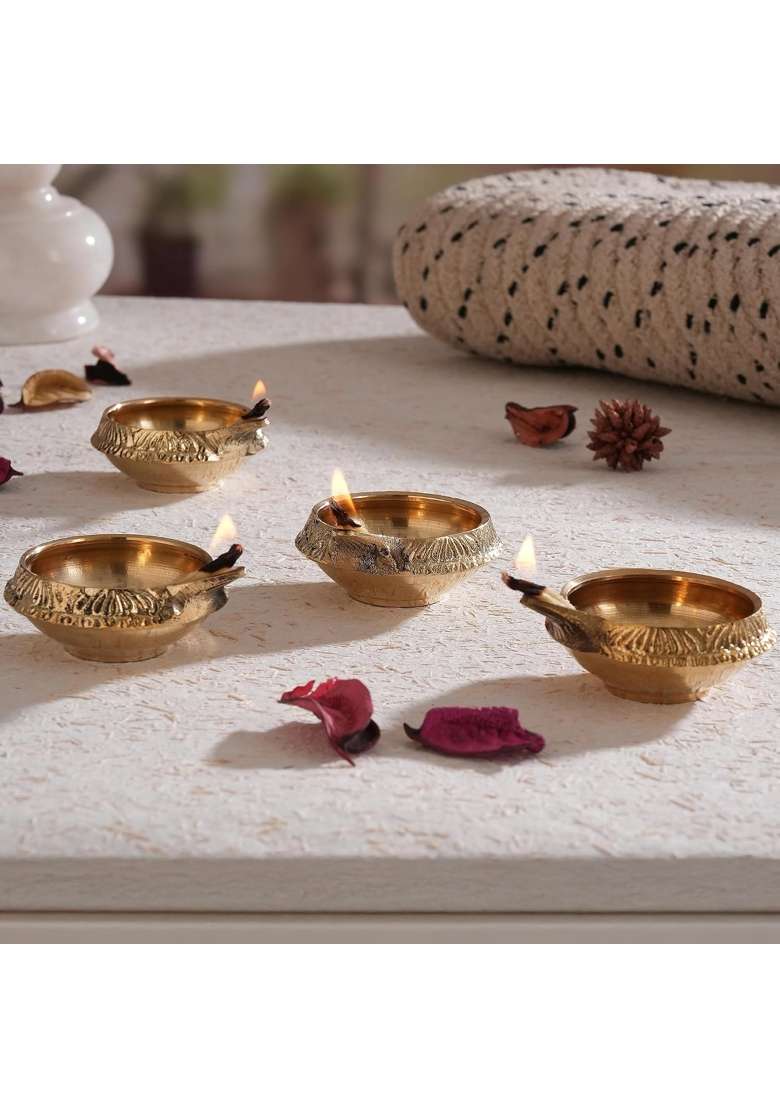 TIED Ribbons 100 Percent Pure Brass Diya for Puja Room Oil Lamp Set of 10 - Indya