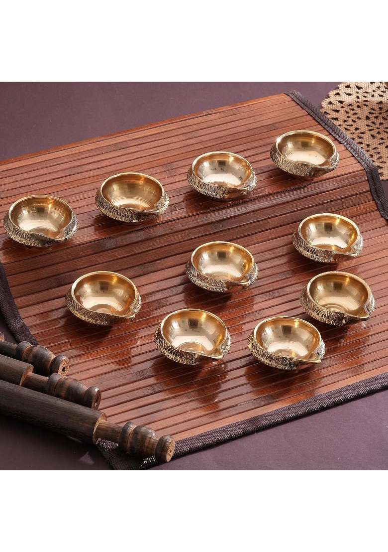 TIED Ribbons 100 Percent Pure Brass Diya for Puja Room Oil Lamp Set of 10 - Indya