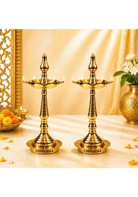 Copperika Premium 100 Percent Pure Brass Diya Kerala Samai 9 Point 1 Inch Oil Lamp Deepak Lamp Set of 2