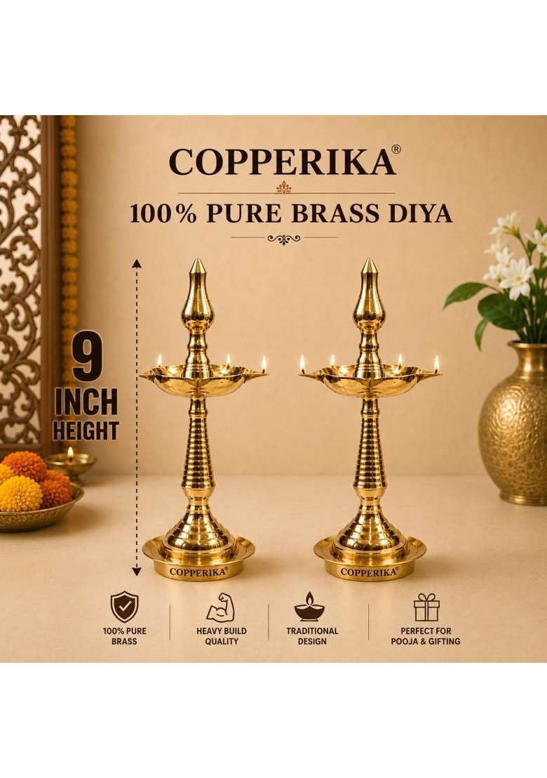 Copperika Premium 100 Percent Pure Brass Diya Kerala Samai 9 Point 1 Inch Oil Lamp Deepak Lamp Set of 2 - Indya