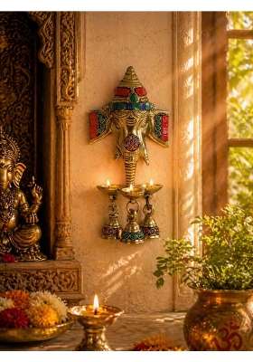 Two Moustaches Multicolored Gemstone Work Brass Ganesha Wall Hanging Diya with Bells for Home Decor Pack of 1