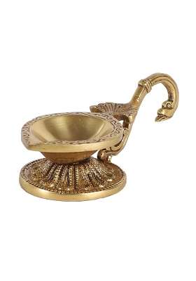 Two Moustaches 100 Percent Pure Brass Ethnic Handcarved Brass Diya with Curved Handle Pack of 1