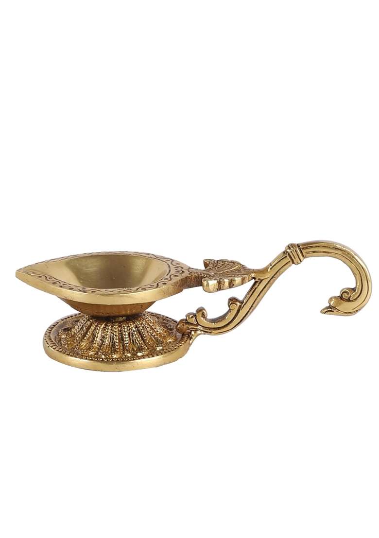 Two Moustaches 100 Percent Pure Brass Ethnic Handcarved Brass Diya with Curved Handle Pack of 1 - Indya