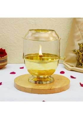 Ekhasa Gold Pure Brass Akhand Jyot Diya with Adjustable Bati Knob Wick Lifting Screw Lever Glass Cover