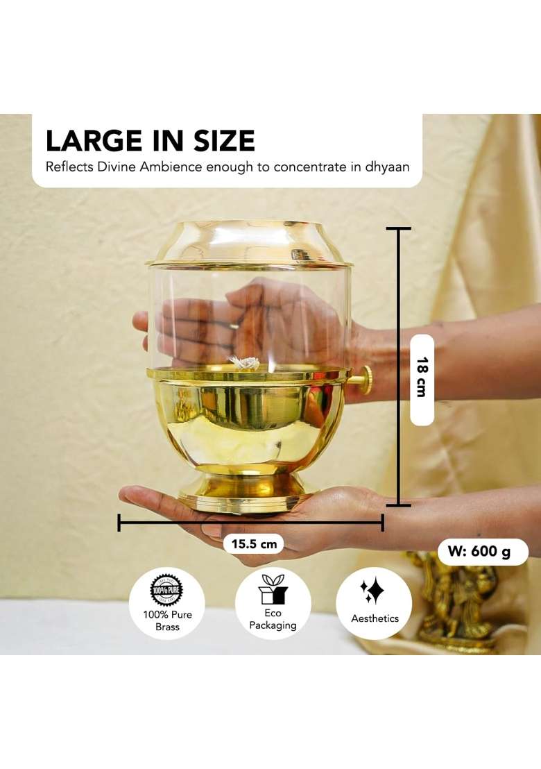 Ekhasa Gold Pure Brass Akhand Jyot Diya with Adjustable Bati Knob Wick Lifting Screw Lever Glass Cover - Indya