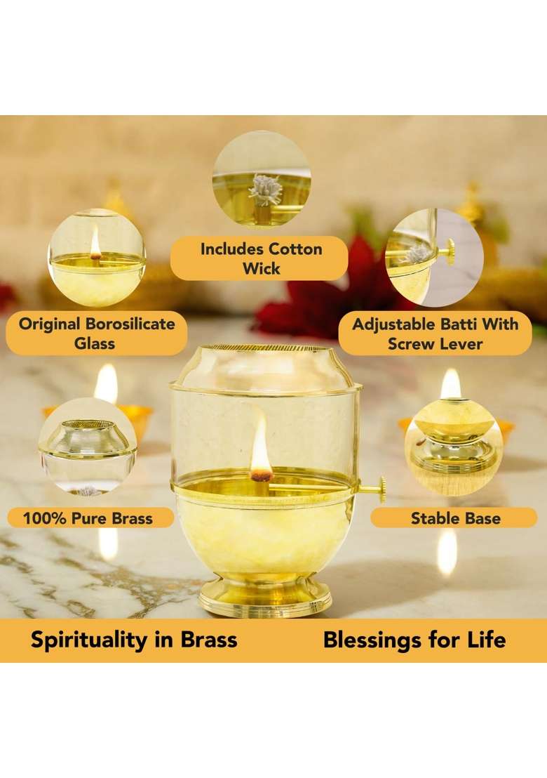 Ekhasa Gold Pure Brass Akhand Jyot Diya with Adjustable Bati Knob Wick Lifting Screw Lever Glass Cover - Indya