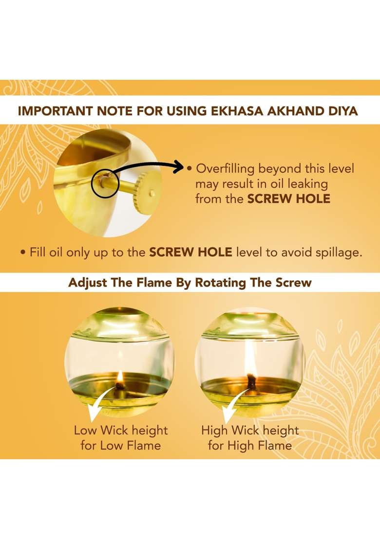 Ekhasa Gold Pure Brass Akhand Jyot Diya with Adjustable Bati Knob Wick Lifting Screw Lever Glass Cover - Indya
