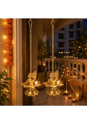 Kartique Gold Brass Peacock Hanging Diya Pooja Oil Lamp 16 Inch Chain Set of 2