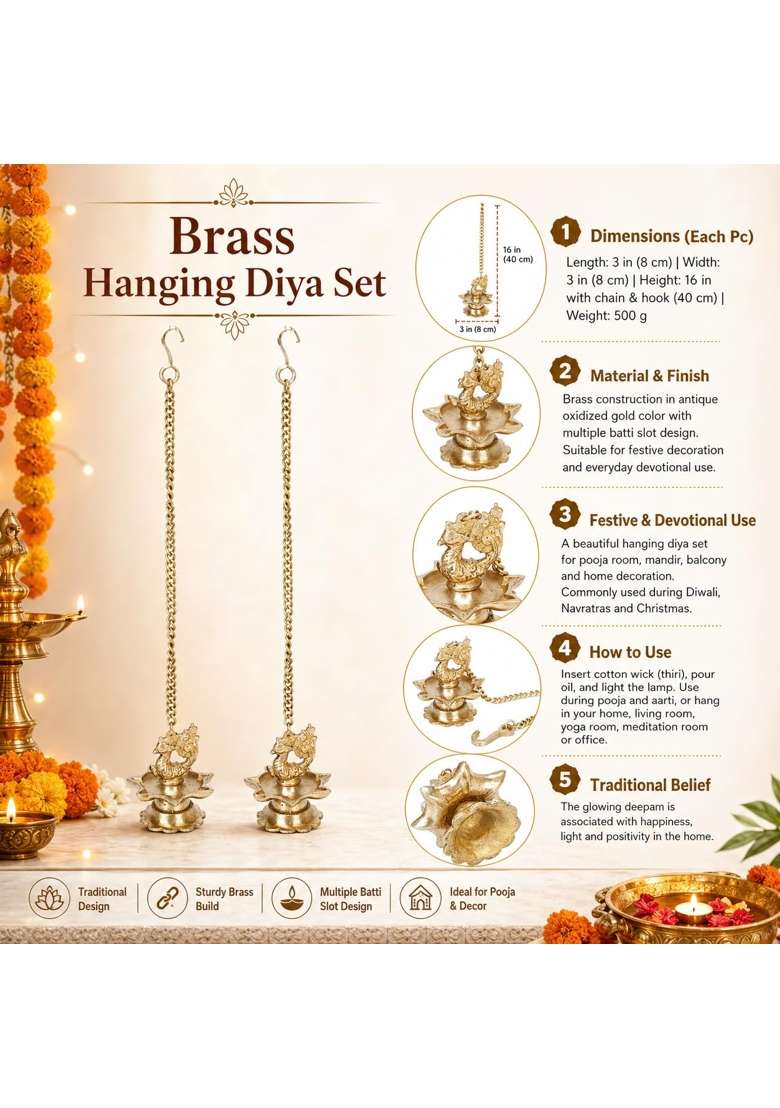 Kartique Gold Brass Peacock Hanging Diya Pooja Oil Lamp 16 Inch Chain Set of 2 - Indya