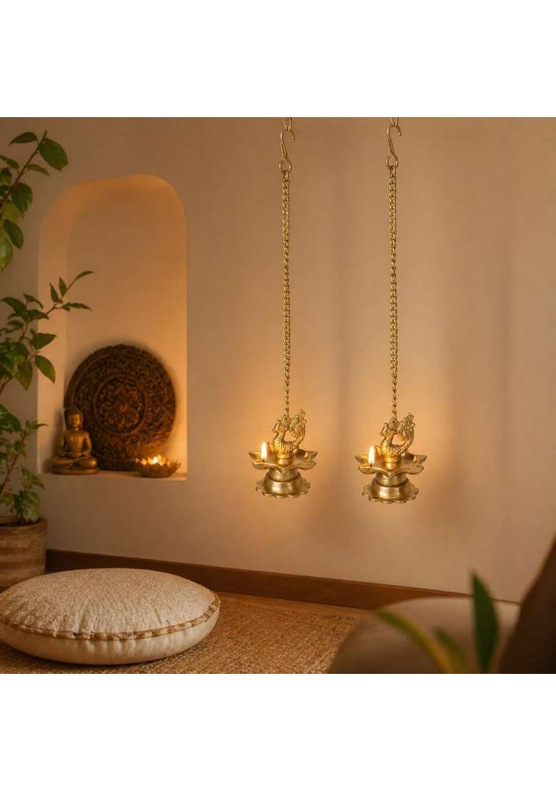 Kartique Gold Brass Peacock Hanging Diya Pooja Oil Lamp 16 Inch Chain Set of 2 - Indya
