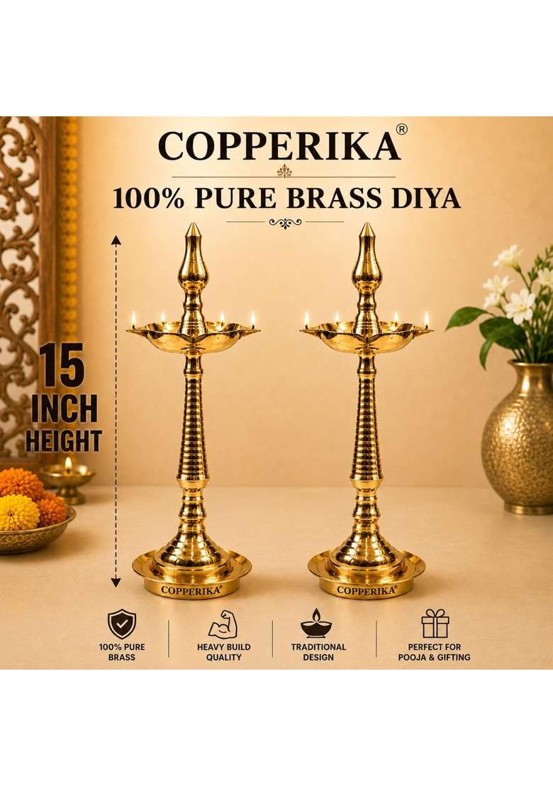 Copperika Premium 100 Percent Pure Brass Diya Kerala Samai 15 Inch Pital Long Brass Diya Oil Lamp Set of 2 - Indya