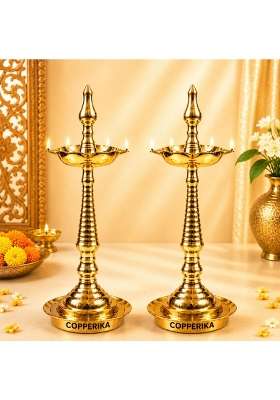 Copperika Premium 100 Percent Pure Brass Diya Kerala Samai 12 Inch Pital Long Brass Diya Oil Lamp Set of 2
