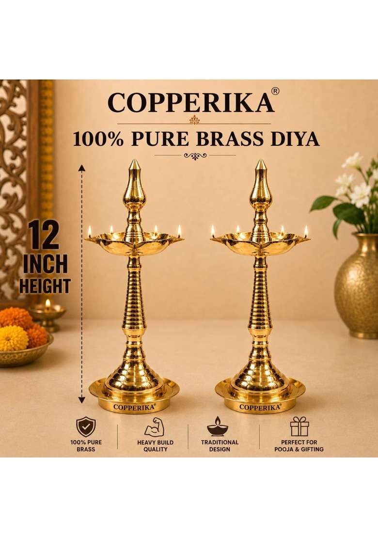 Copperika Premium 100 Percent Pure Brass Diya Kerala Samai 12 Inch Pital Long Brass Diya Oil Lamp Set of 2 - Indya