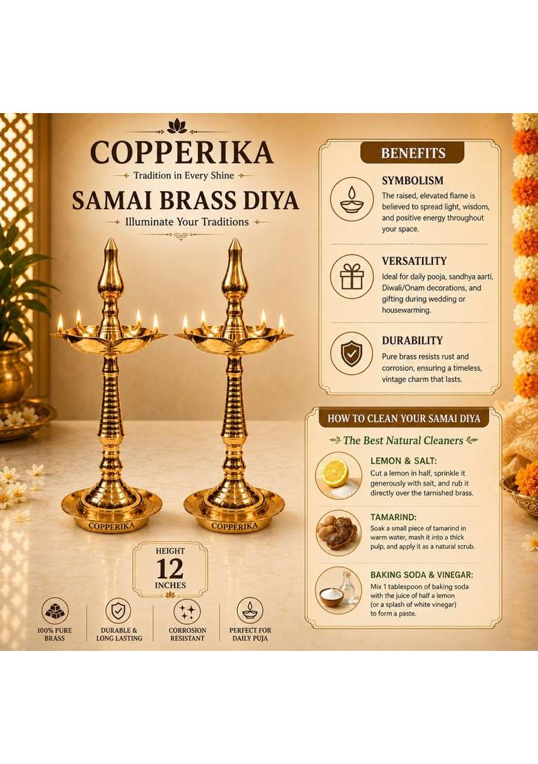 Copperika Premium 100 Percent Pure Brass Diya Kerala Samai 12 Inch Pital Long Brass Diya Oil Lamp Set of 2 - Indya