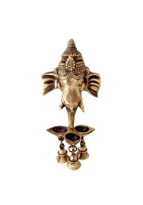 Two Moustaches Brown Brass Ganesha Wall Hanging Diya with Bells for Home Decor Pack of 1