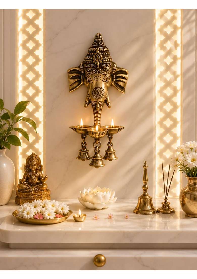 Two Moustaches Brown Brass Ganesha Wall Hanging Diya with Bells for Home Decor Pack of 1 - Indya