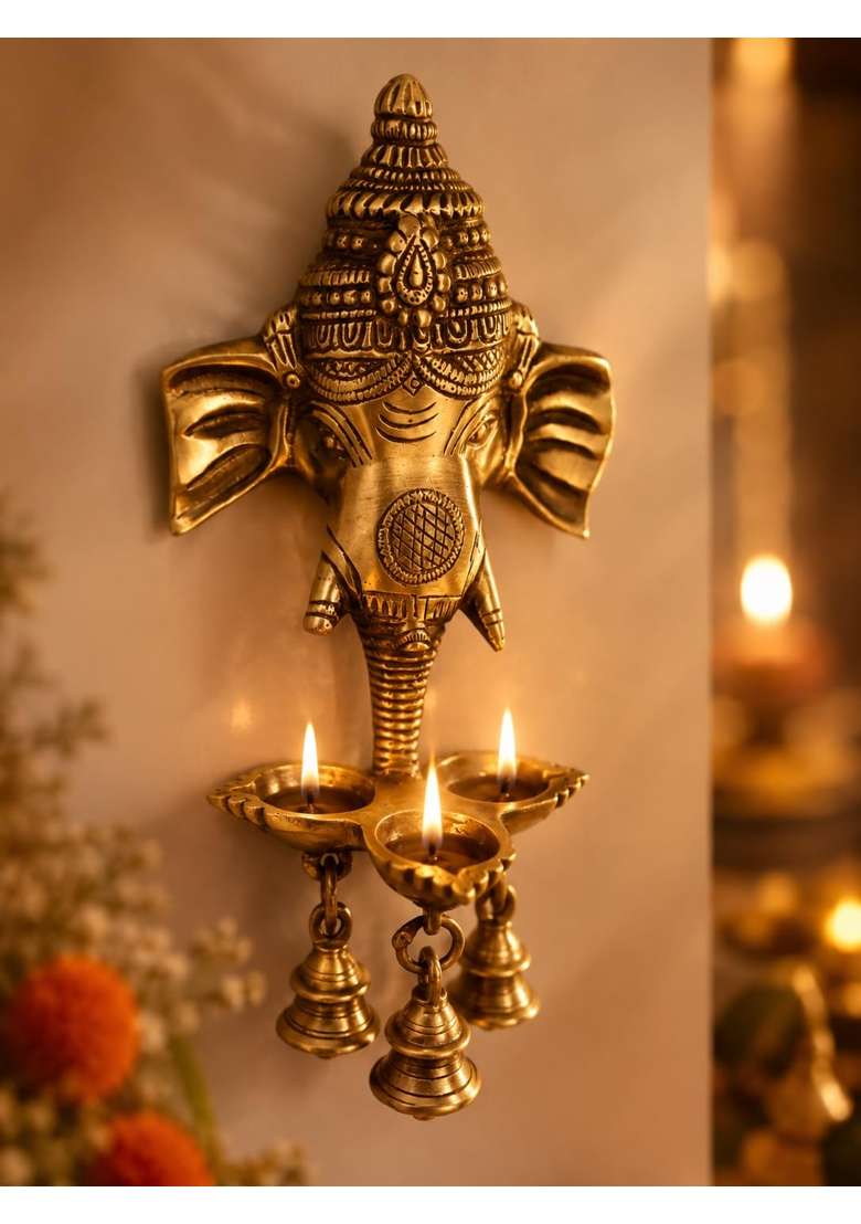 Two Moustaches Brown Brass Ganesha Wall Hanging Diya with Bells for Home Decor Pack of 1 - Indya
