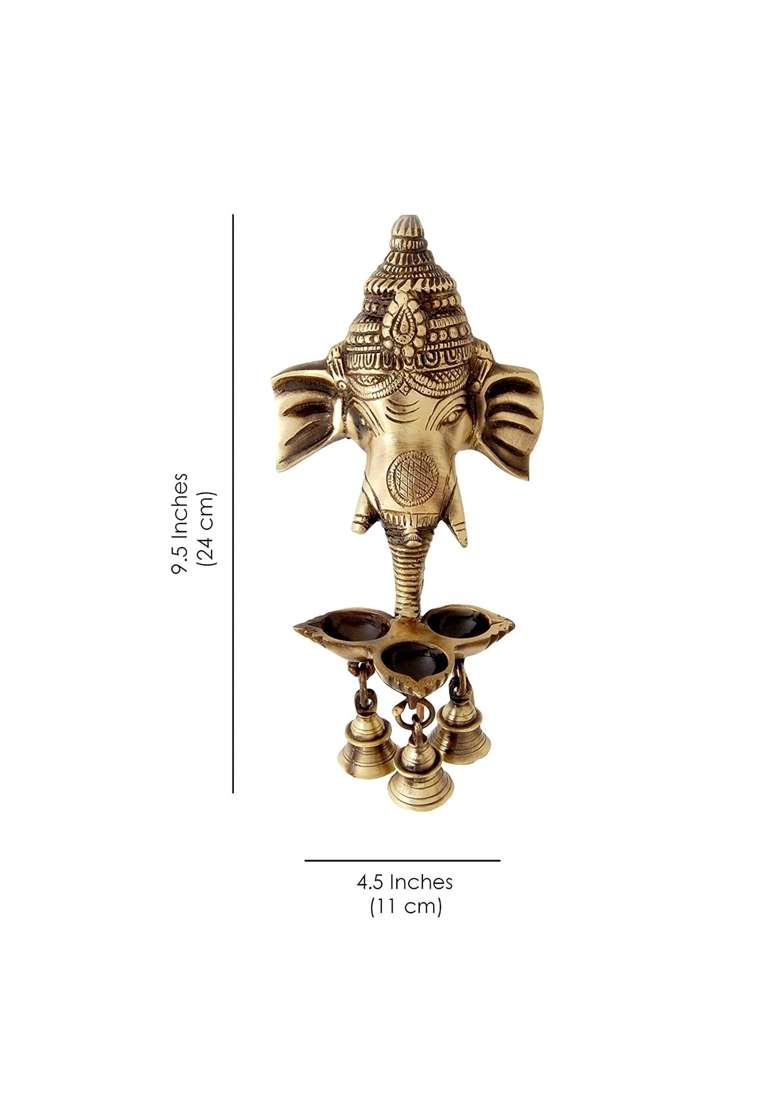 Two Moustaches Brown Brass Ganesha Wall Hanging Diya with Bells for Home Decor Pack of 1 - Indya