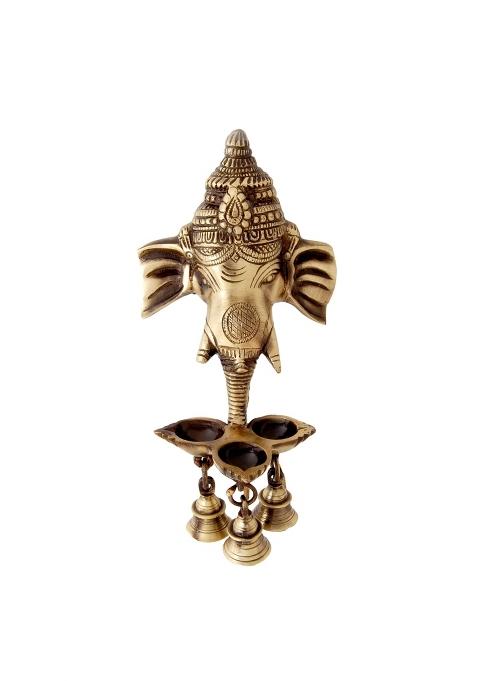Two Moustaches Brown Brass Ganesha Wall Hanging Diya with Bells for Home Decor Pack of 1