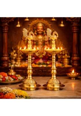 Klassic Golden 11 Inch Brass Kerala Diya Samai Traditional Peacock Kutthu Vilakku Oil Lamp Set of 2