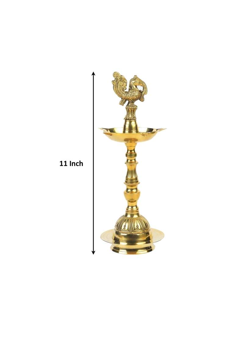Klassic Golden 11 Inch Brass Kerala Diya Samai Traditional Peacock Kutthu Vilakku Oil Lamp Set of 2 - Indya