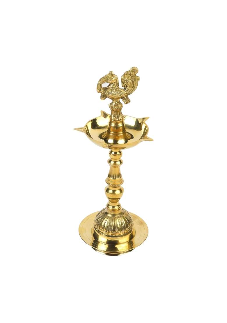 Klassic Golden 11 Inch Brass Kerala Diya Samai Traditional Peacock Kutthu Vilakku Oil Lamp Set of 2 - Indya