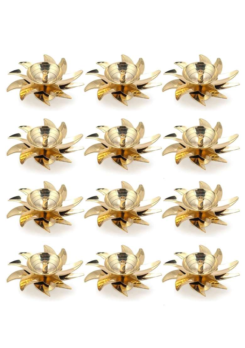 Craftvatika Golden Brass Diyas for Puja Diwali Decoration Diya Oil Lamp Stand Festive Diya Diwali Set of 12 - Indya