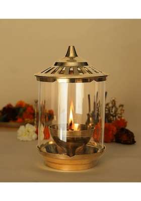 Klassic Kumbha 8 Inch with Borosilicate Glass Shade Wick Holder and Brass Lid Pack of 1