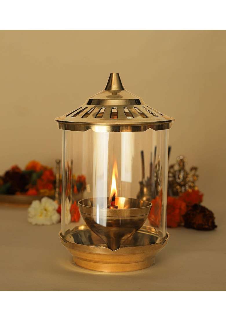 Klassic Kumbha 8 Inch with Borosilicate Glass Shade Wick Holder and Brass Lid Pack of 1 - Indya