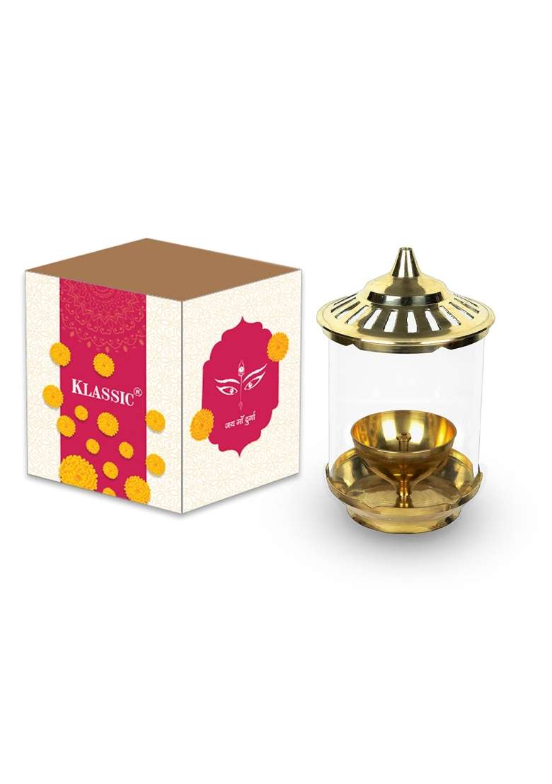 Klassic Kumbha 8 Inch with Borosilicate Glass Shade Wick Holder and Brass Lid Pack of 1 - Indya
