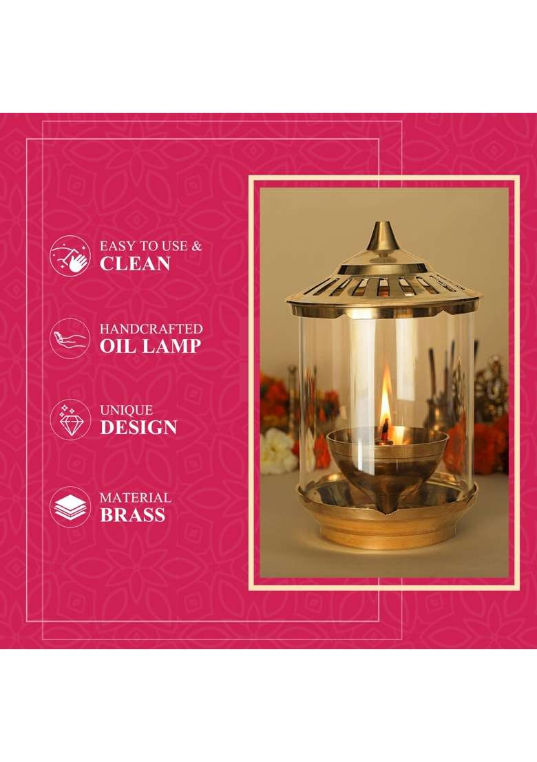 Klassic Kumbha 8 Inch with Borosilicate Glass Shade Wick Holder and Brass Lid Pack of 1 - Indya