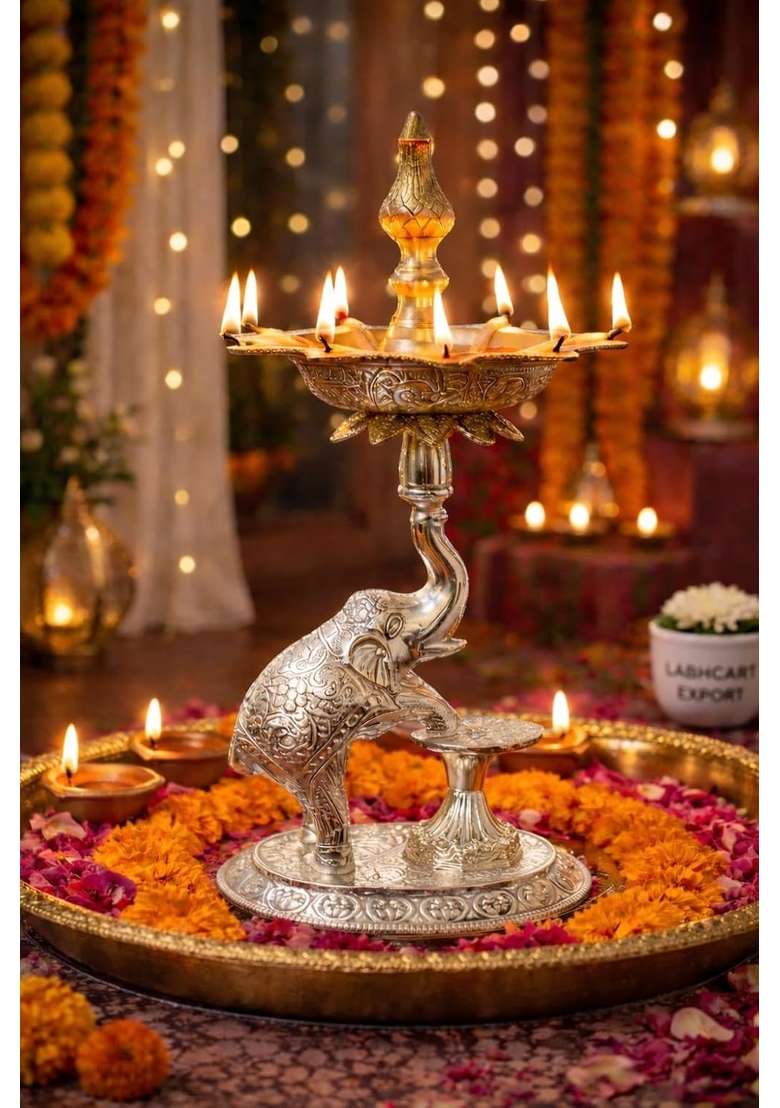 Labhcart Silver Decorative Brass Diya Stand with Elephant Design Multi Wick Oil Lamp Holder - Indya