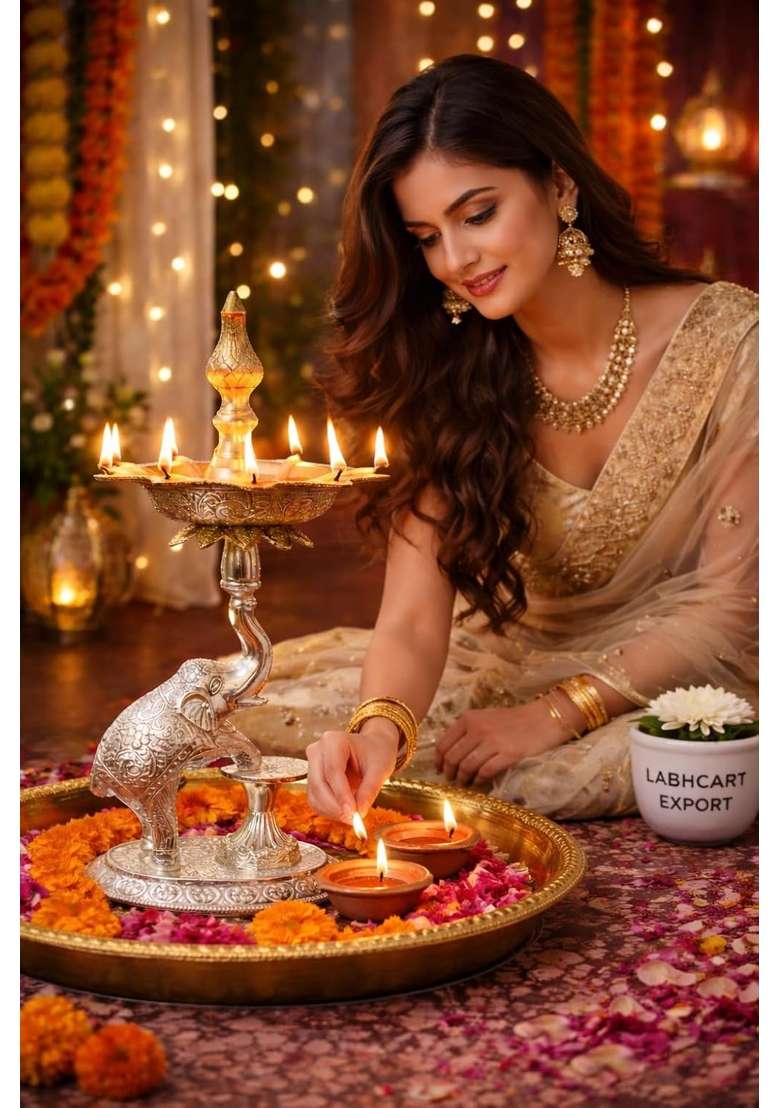 Labhcart Silver Decorative Brass Diya Stand with Elephant Design Multi Wick Oil Lamp Holder - Indya