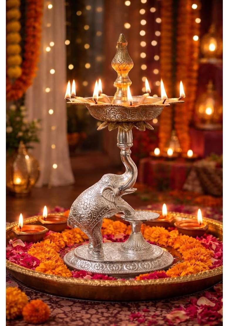Labhcart Silver Decorative Brass Diya Stand with Elephant Design Multi Wick Oil Lamp Holder - Indya