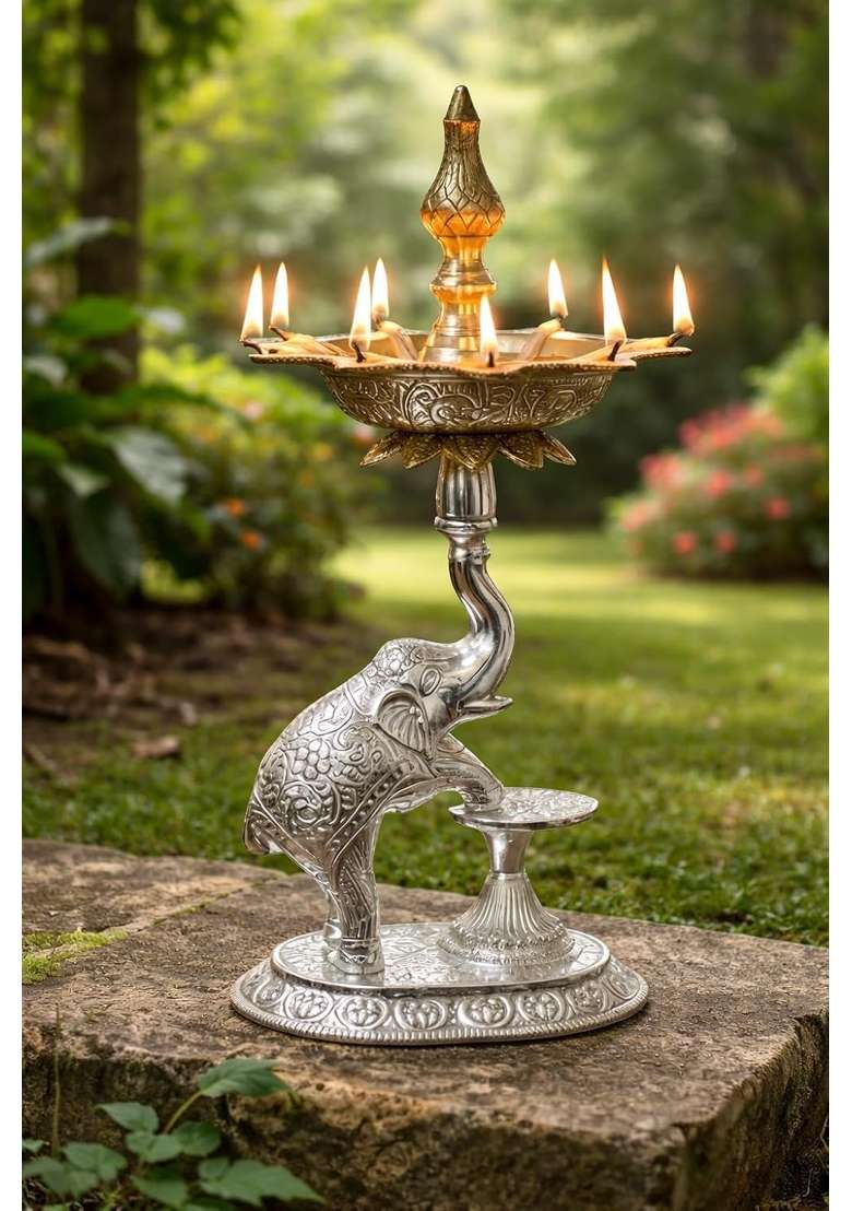 Labhcart Silver Decorative Brass Diya Stand with Elephant Design Multi Wick Oil Lamp Holder - Indya