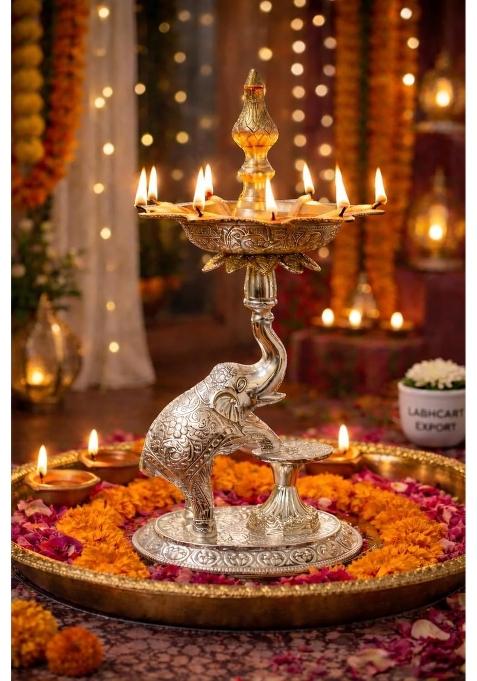 Labhcart Silver Decorative Brass Diya Stand with Elephant Design Multi Wick Oil Lamp Holder