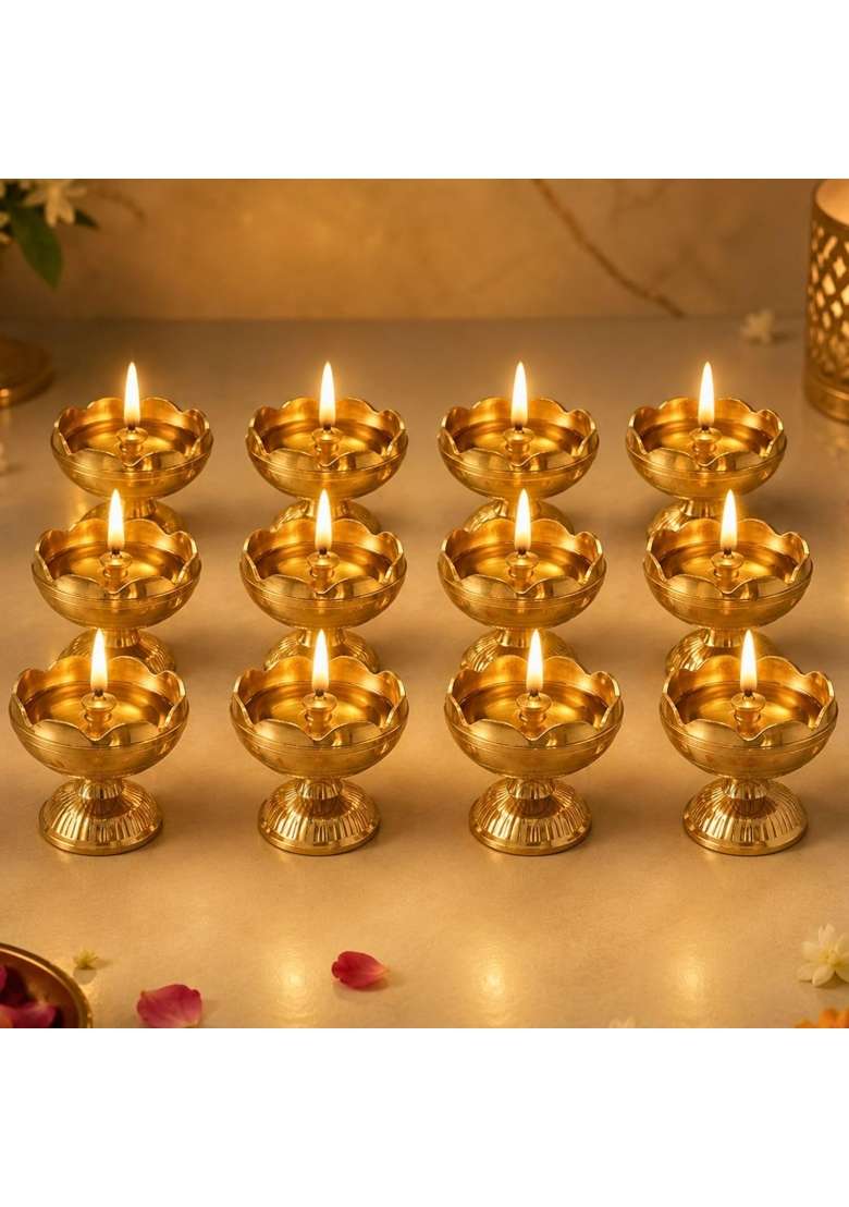 Brass Diya Pure Brass Traditional Oil Puja Lamp for Temple Mandir Festival Decoration Set of 12 - Indya