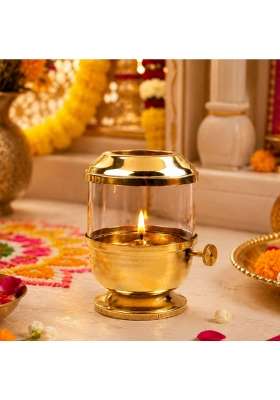 Klassic 6 Inch Pure Brass Akhand Jyoti Diya with Glass Cover and Adjustable Bati Knob