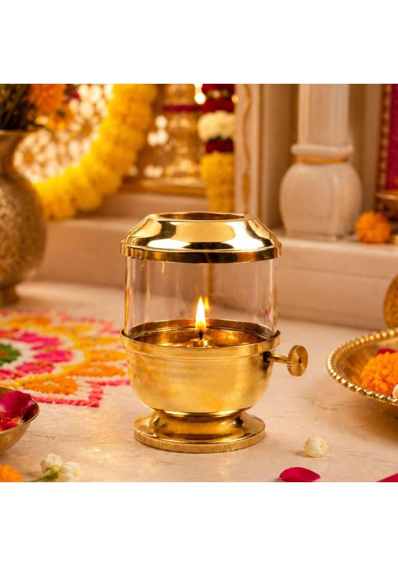 Klassic 6 Inch Pure Brass Akhand Jyoti Diya with Glass Cover and Adjustable Bati Knob - Indya