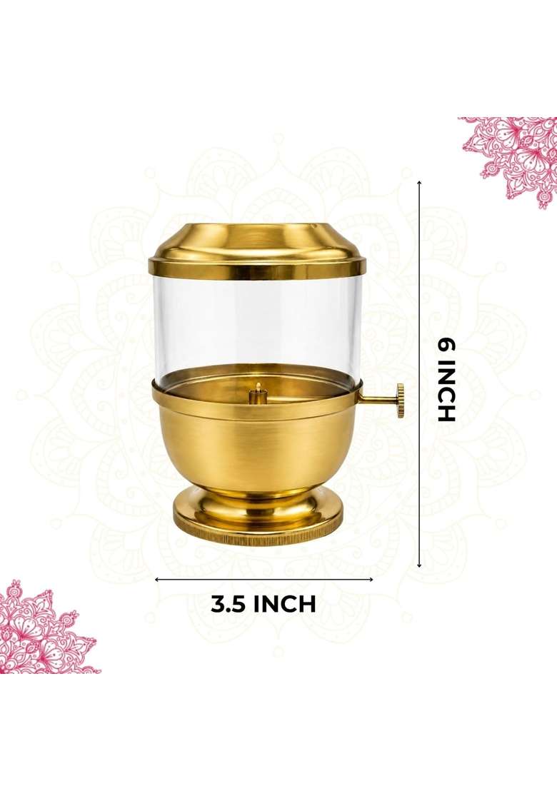 Klassic 6 Inch Pure Brass Akhand Jyoti Diya with Glass Cover and Adjustable Bati Knob - Indya