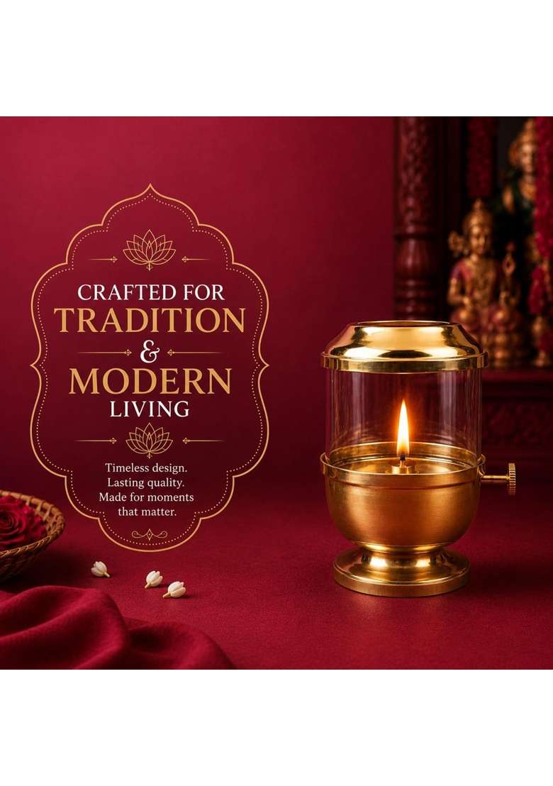 Klassic 6 Inch Pure Brass Akhand Jyoti Diya with Glass Cover and Adjustable Bati Knob - Indya