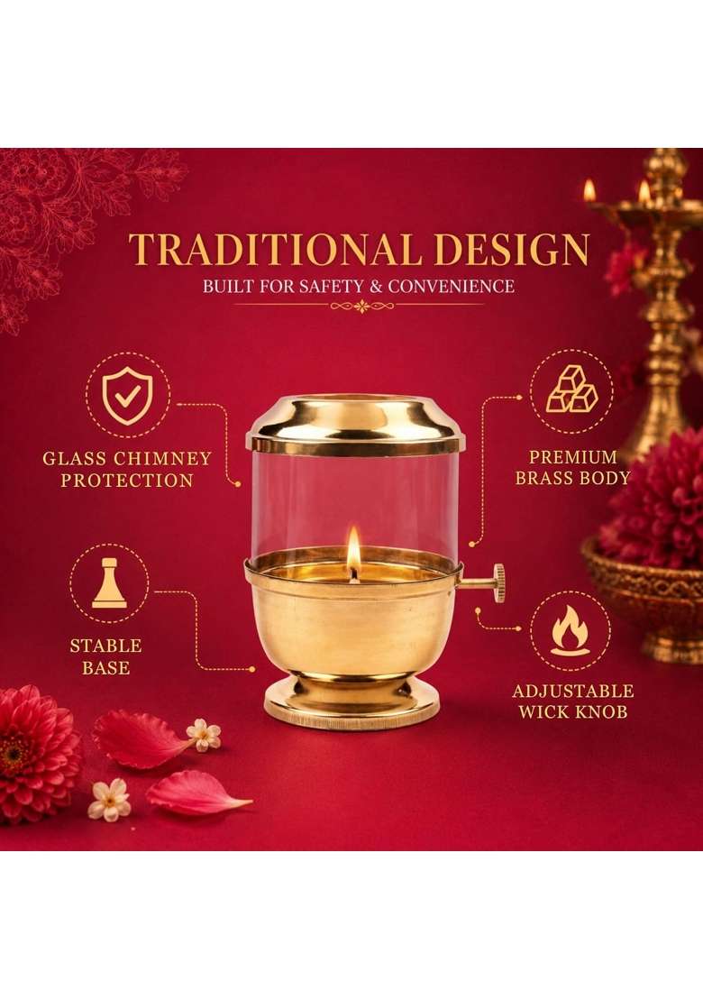 Klassic 6 Inch Pure Brass Akhand Jyoti Diya with Glass Cover and Adjustable Bati Knob - Indya