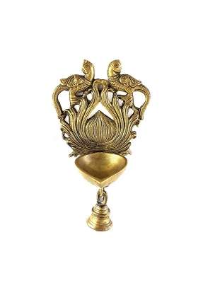 Two Moustaches Ethnic Design Twin Peacock with Bell Brass Wall Hanging Diya Antique Yellow
