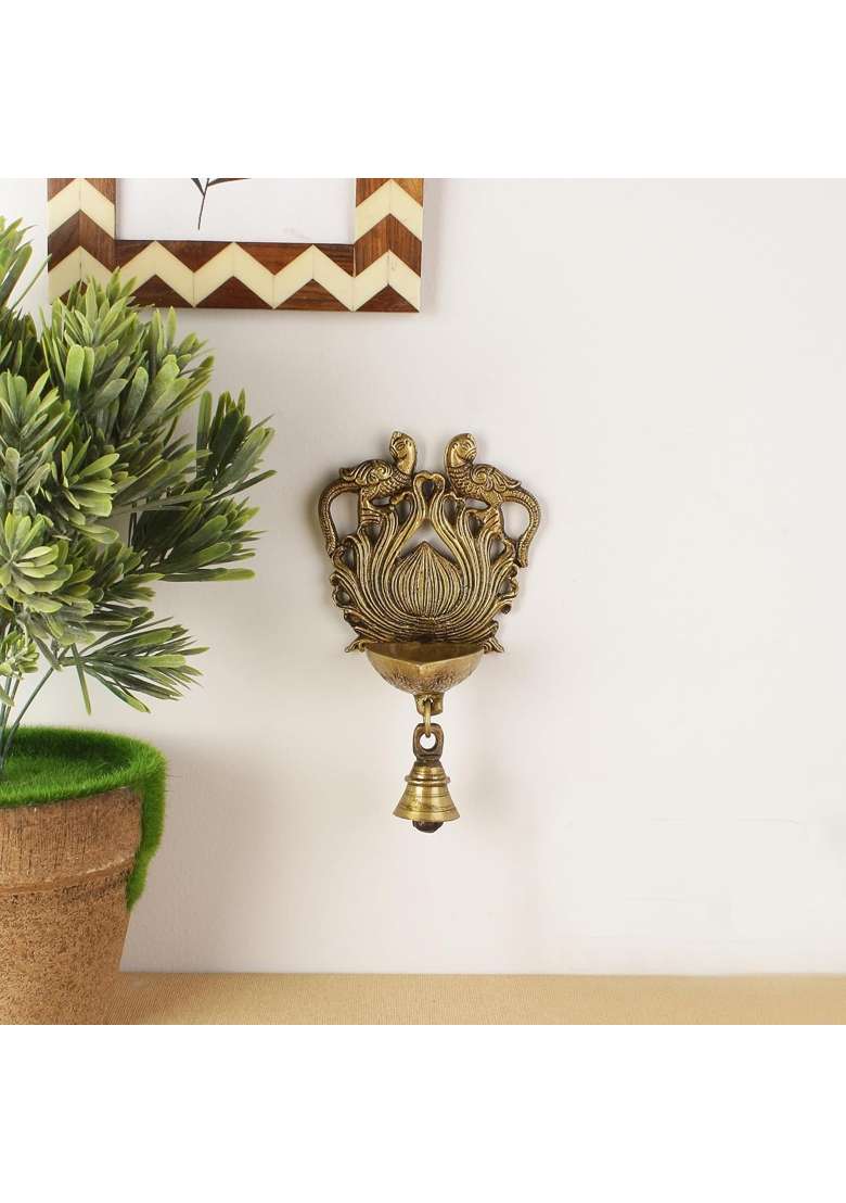Two Moustaches Ethnic Design Twin Peacock with Bell Brass Wall Hanging Diya Antique Yellow - Indya