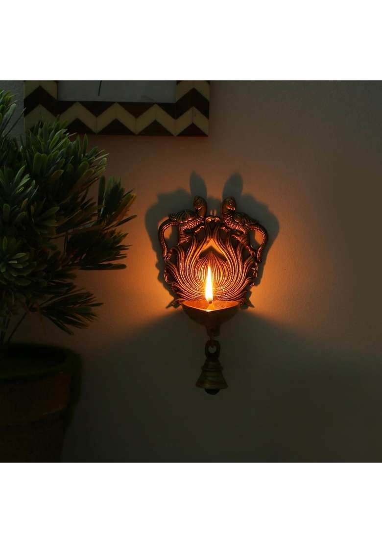 Two Moustaches Ethnic Design Twin Peacock with Bell Brass Wall Hanging Diya Antique Yellow - Indya