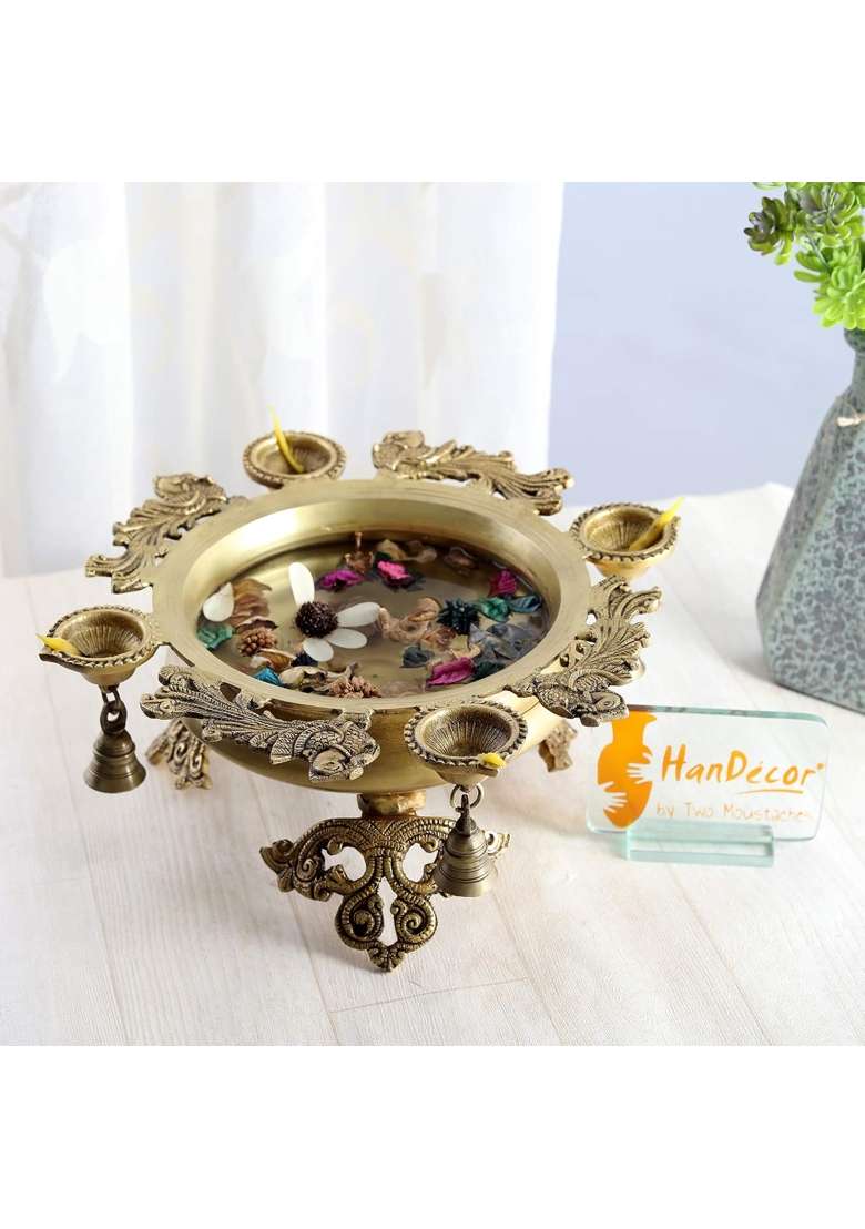 Two Moustaches Brass Peacock Design Urli with 4 Diyas 5 Inch X 13 and Half Inch X 6 Inch Model Number - Indya