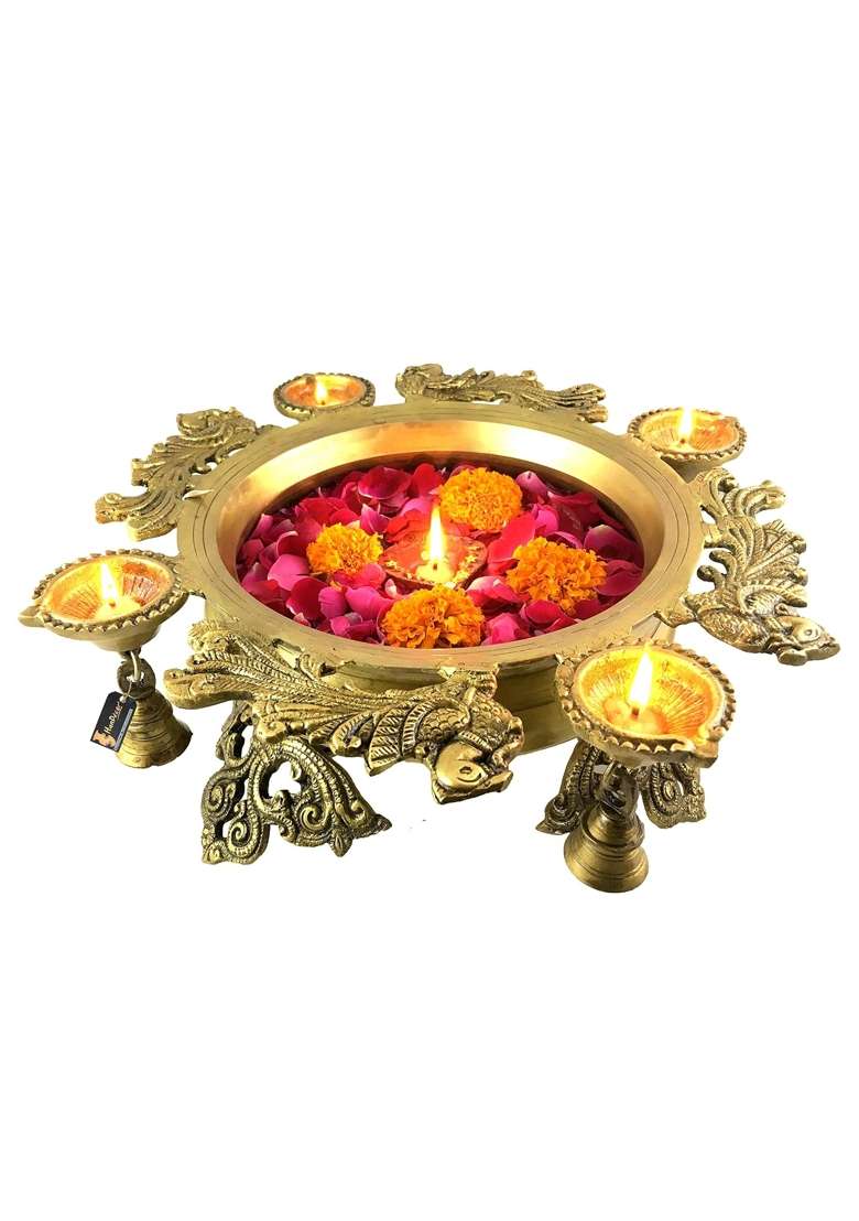 Two Moustaches Brass Peacock Design Urli with 4 Diyas 5 Inch X 13 and Half Inch X 6 Inch Model Number - Indya